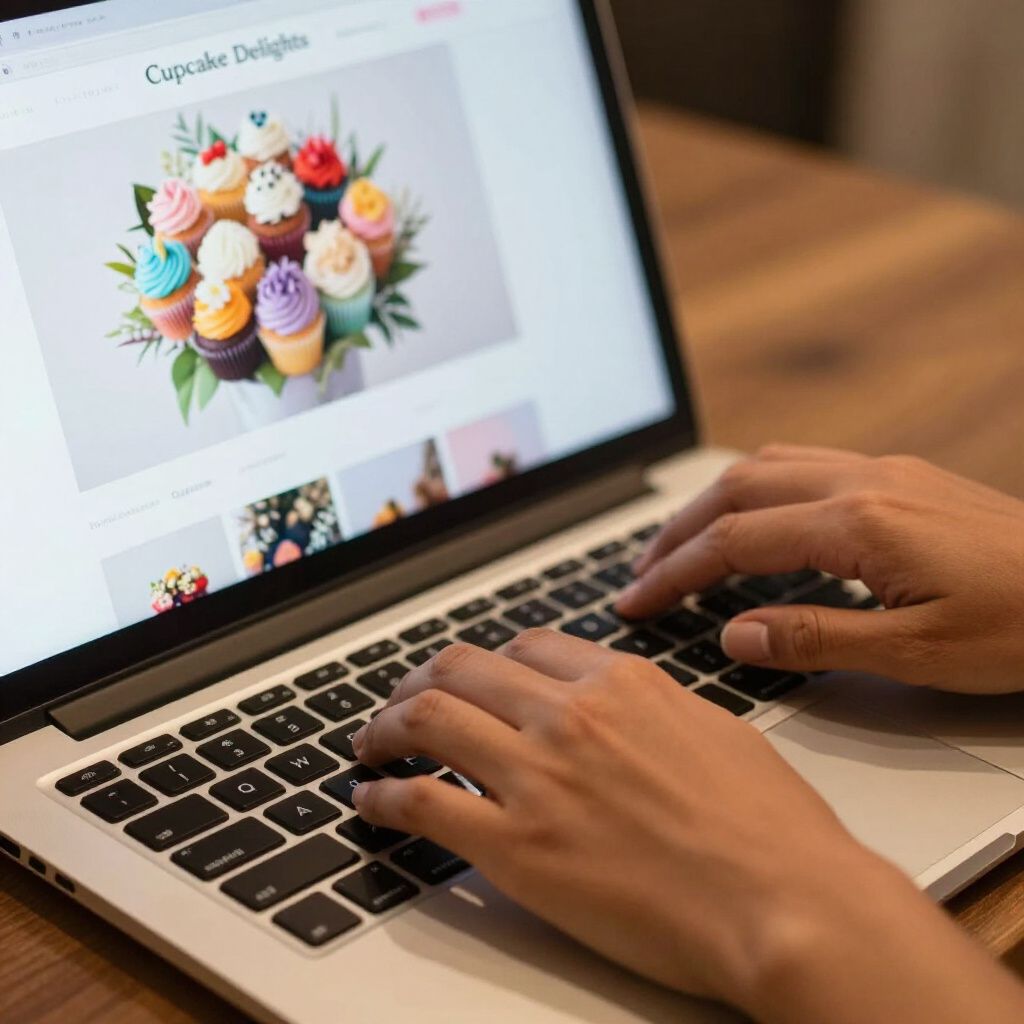 Person typing on a laptop, viewing a website called "Cupcake Delights" with a cupcake bouquet image on the screen.