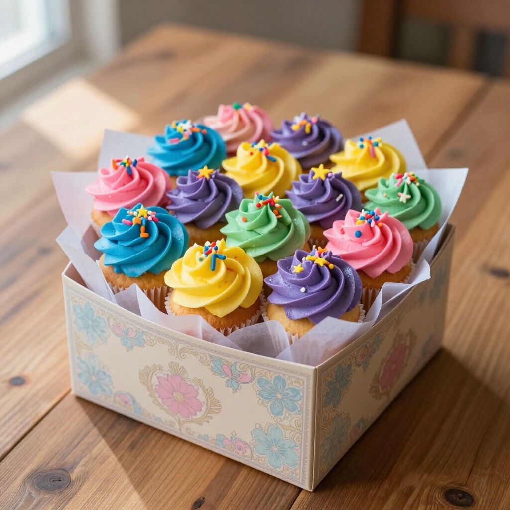 Box of cupcakes with colorful frosting and sprinkles on a wooden table.