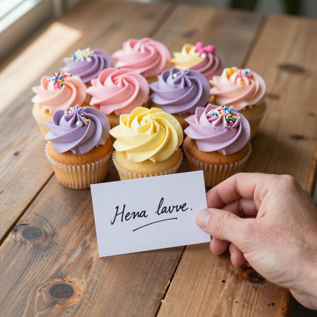 Cupcakes with colorful frosting arranged on a wooden surface, held with a card that reads 