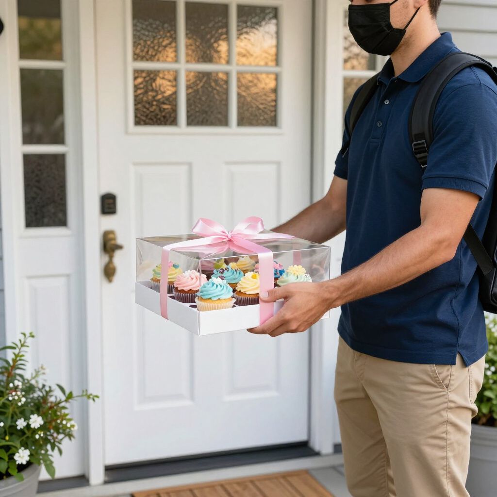 Delivery person in mask holding a box of decorated cupcakes tied with a pink ribbon at a white door.