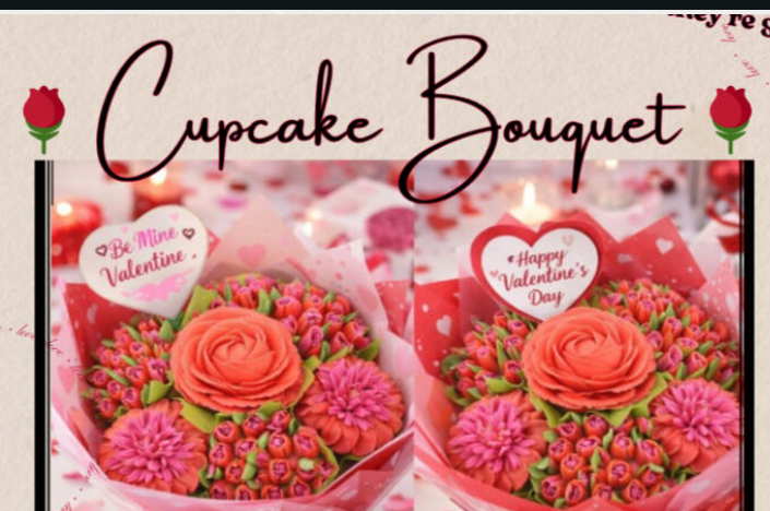 Cupcake bouquets with orange and pink frosting arranged to resemble flowers, with Valentine's Day heart decorations.