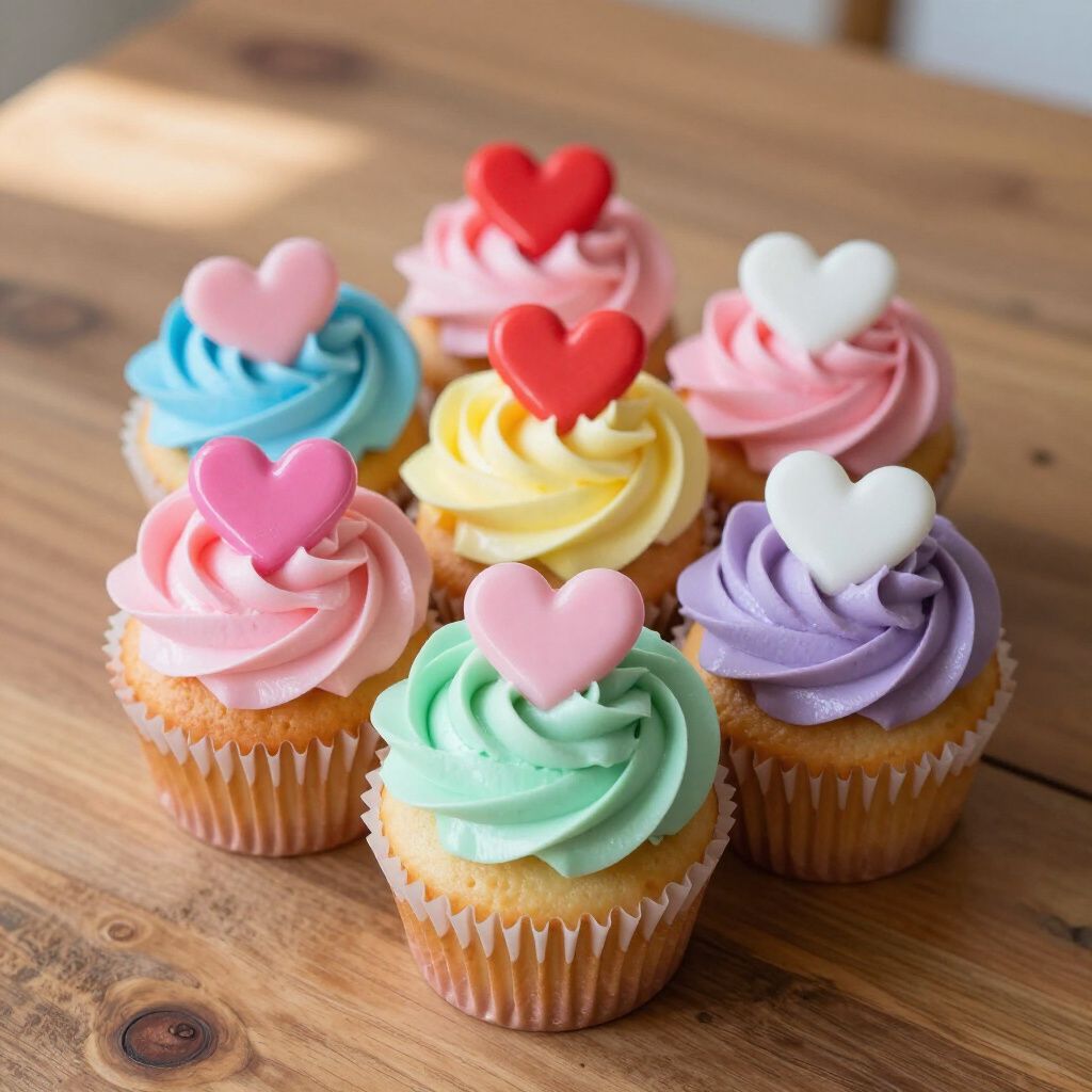 Cupcakes with colorful frosting and heart-shaped candy on a wooden surface.