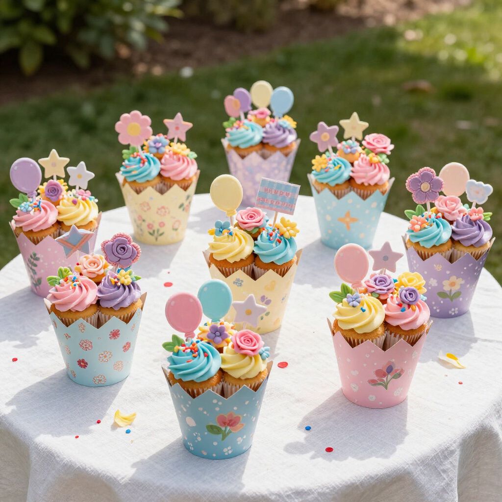 Nine decorated cupcakes on a table outdoors; each with colorful frosting and toppers.