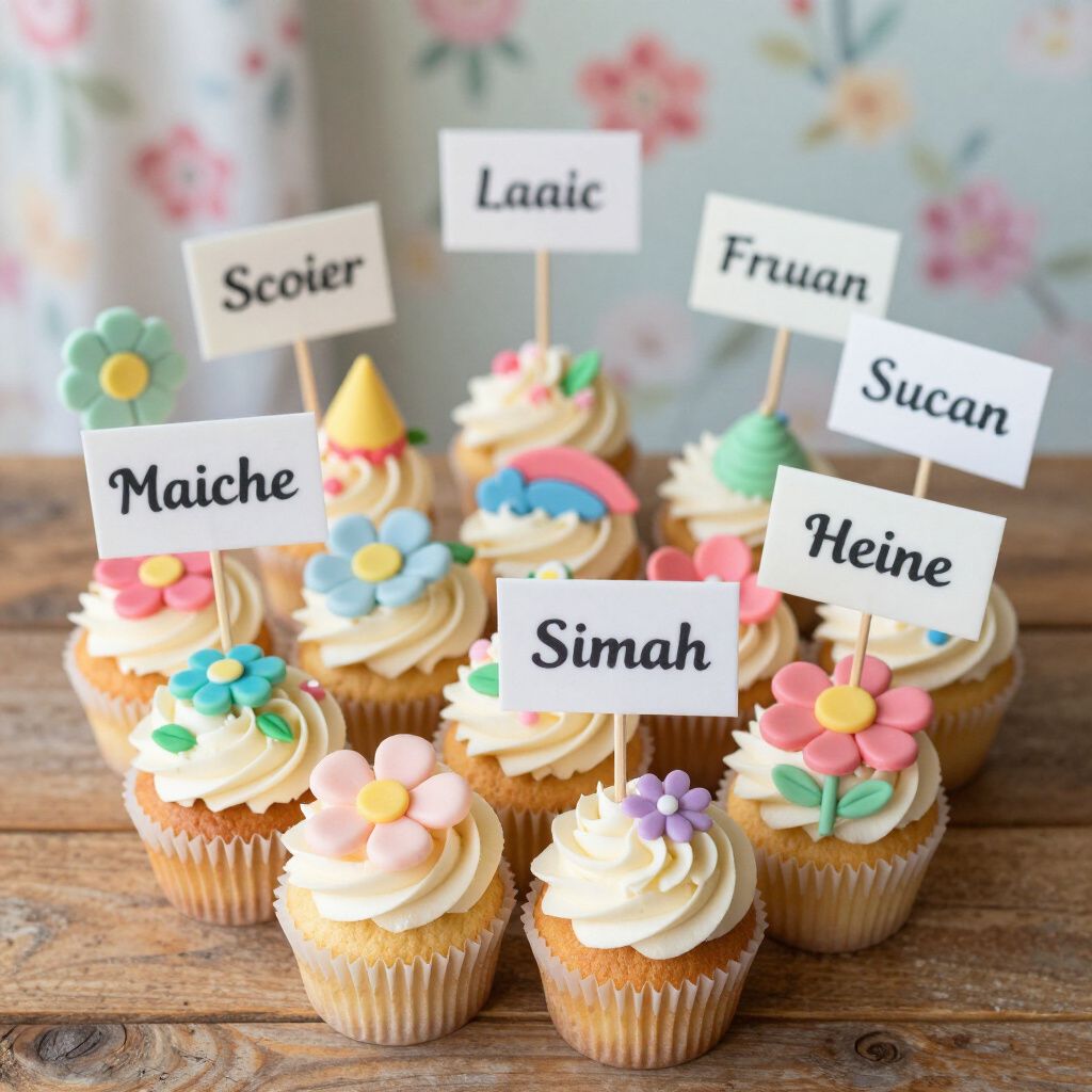 Cupcakes with flower decorations and name signs on a wooden table, against a floral backdrop.