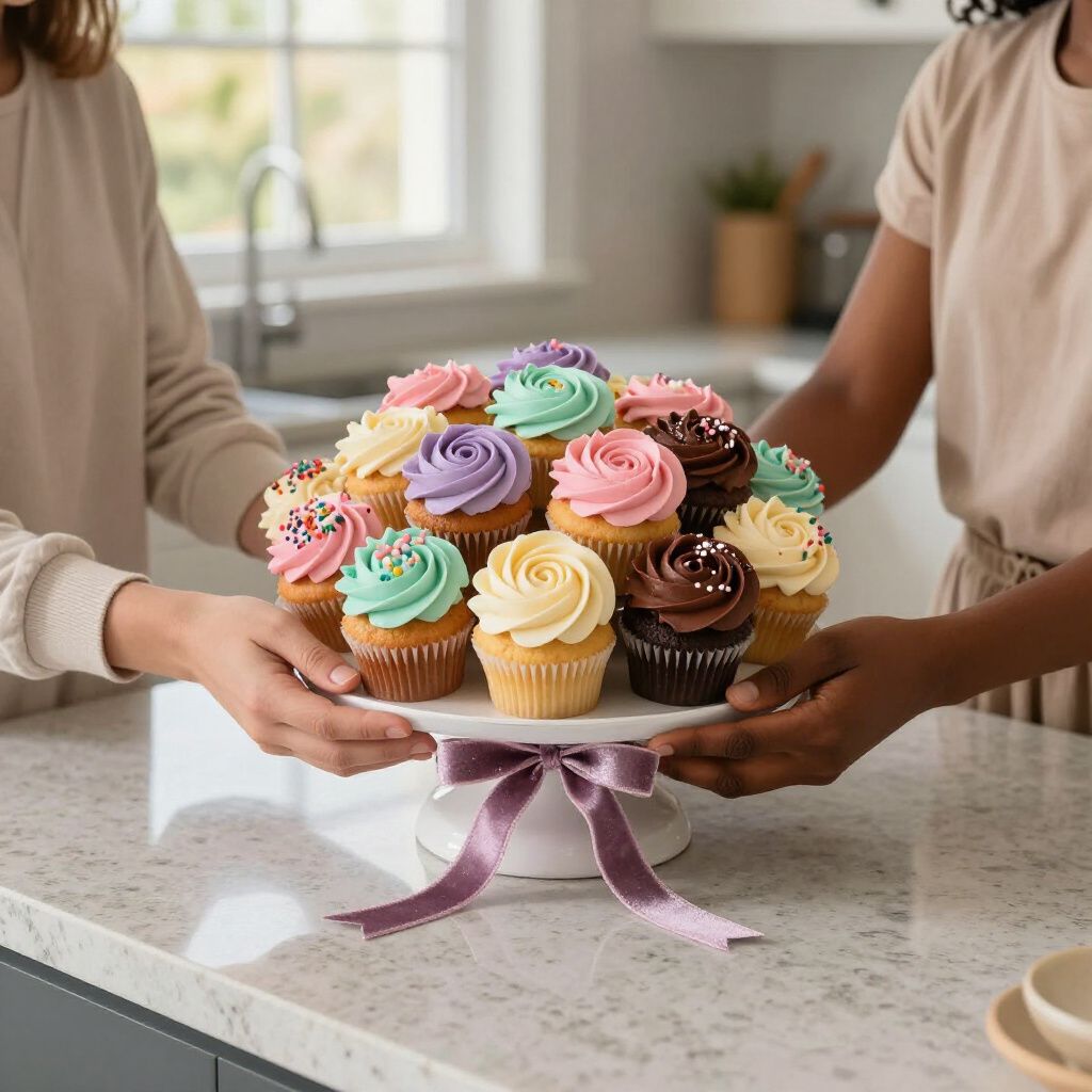 Two people holding a white cake stand with a cupcake bouquet. Cupcakes have pastel frosting, kitchen setting.