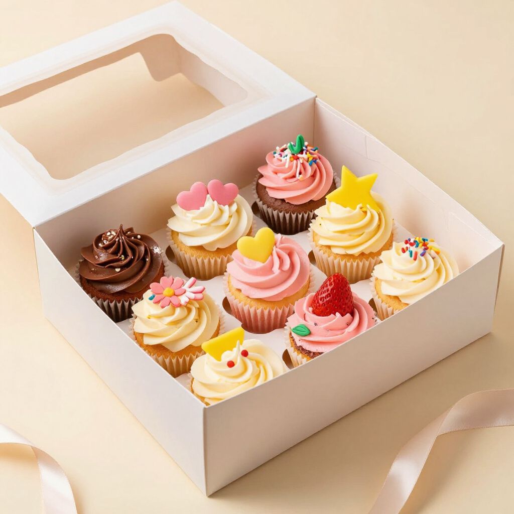 Cupcakes in a white box with a clear lid, decorated with frosting and various toppings.