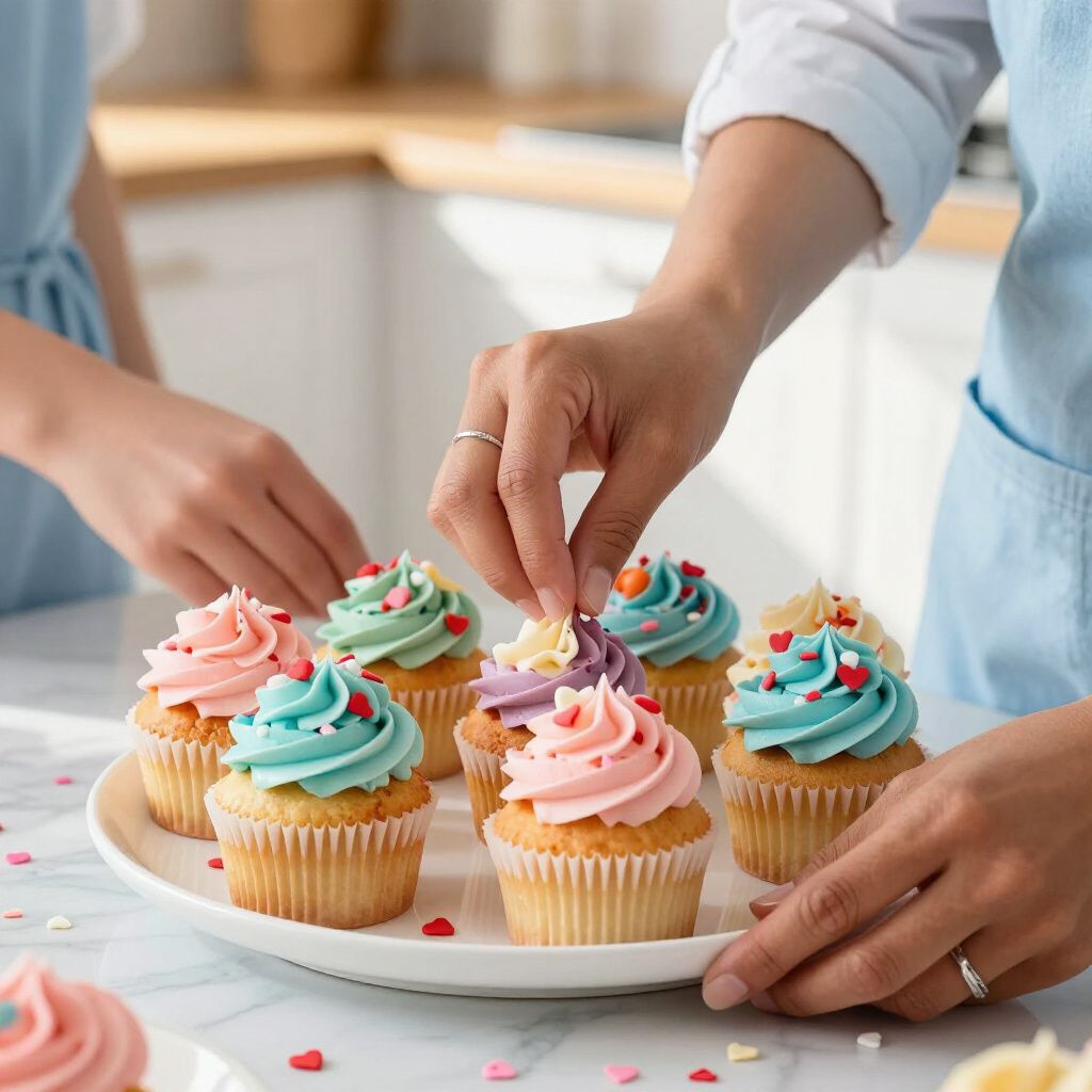 Hands decorating frosted cupcakes on a white plate; kitchen setting, colorful sprinkles.
