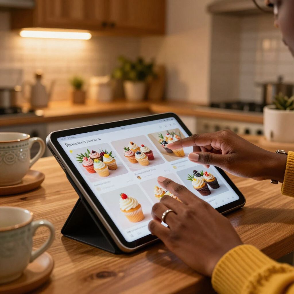 Person uses tablet to browse cupcake photos in a kitchen.