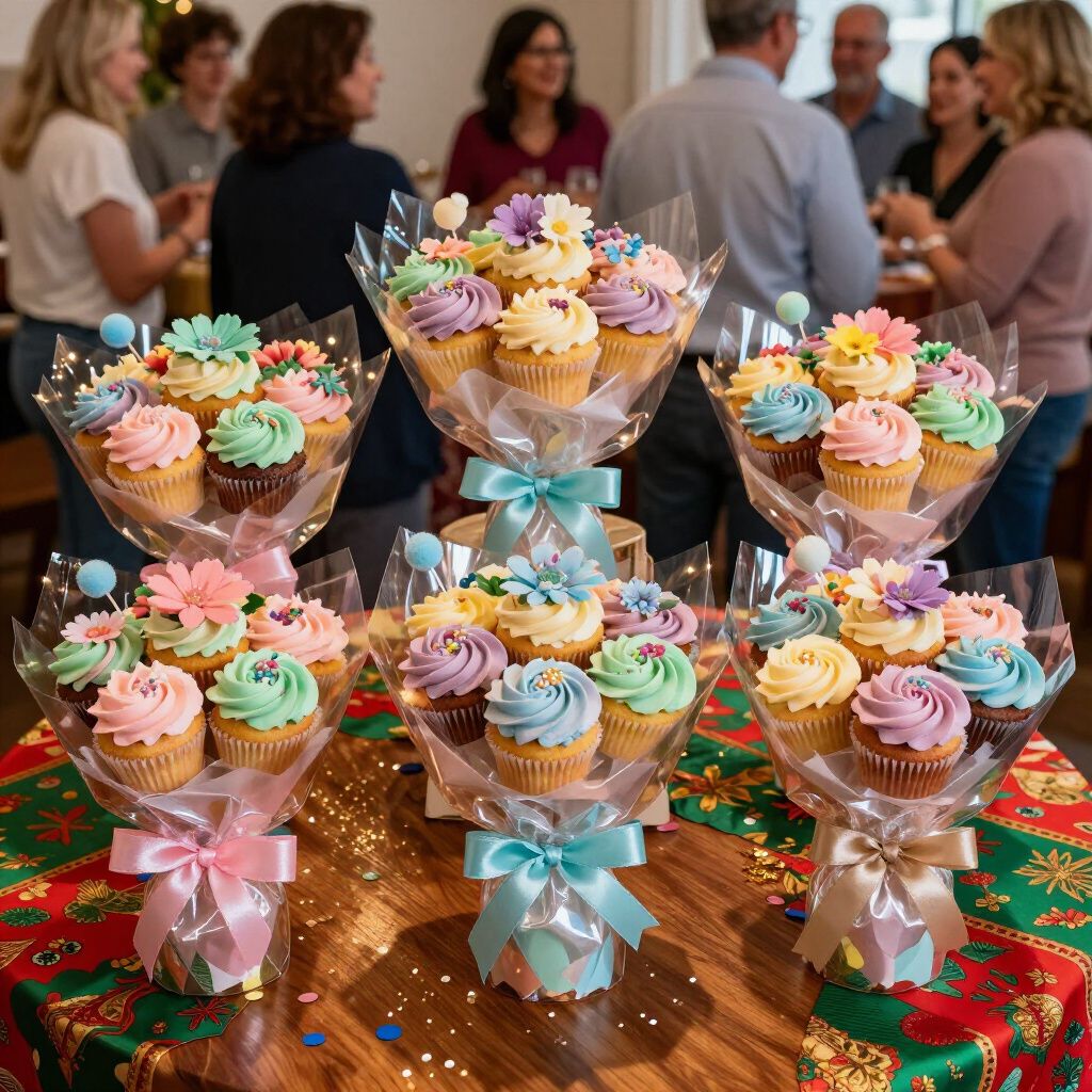 Bouquets of cupcakes arranged on a table, party guests in the blurred background.