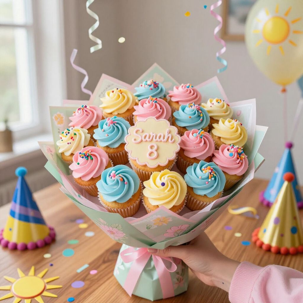 Cupcake bouquet held by a person. Pastel cupcakes, 