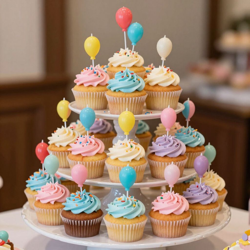Cupcake tower with colorful frosting and balloon toppers.