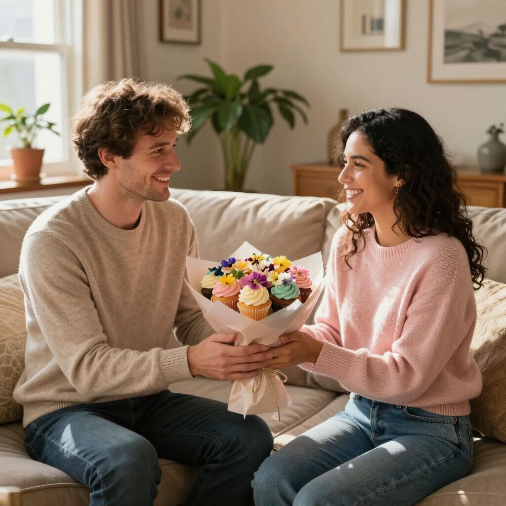 A person gives a bouquet of cupcakes to another person on a couch indoors. Both smile.