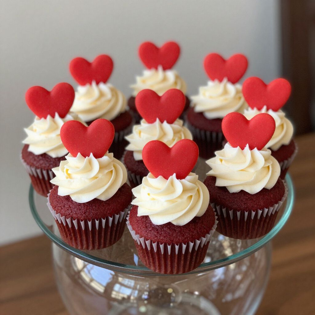 Red velvet cupcakes with white frosting and red heart decorations on a glass stand.