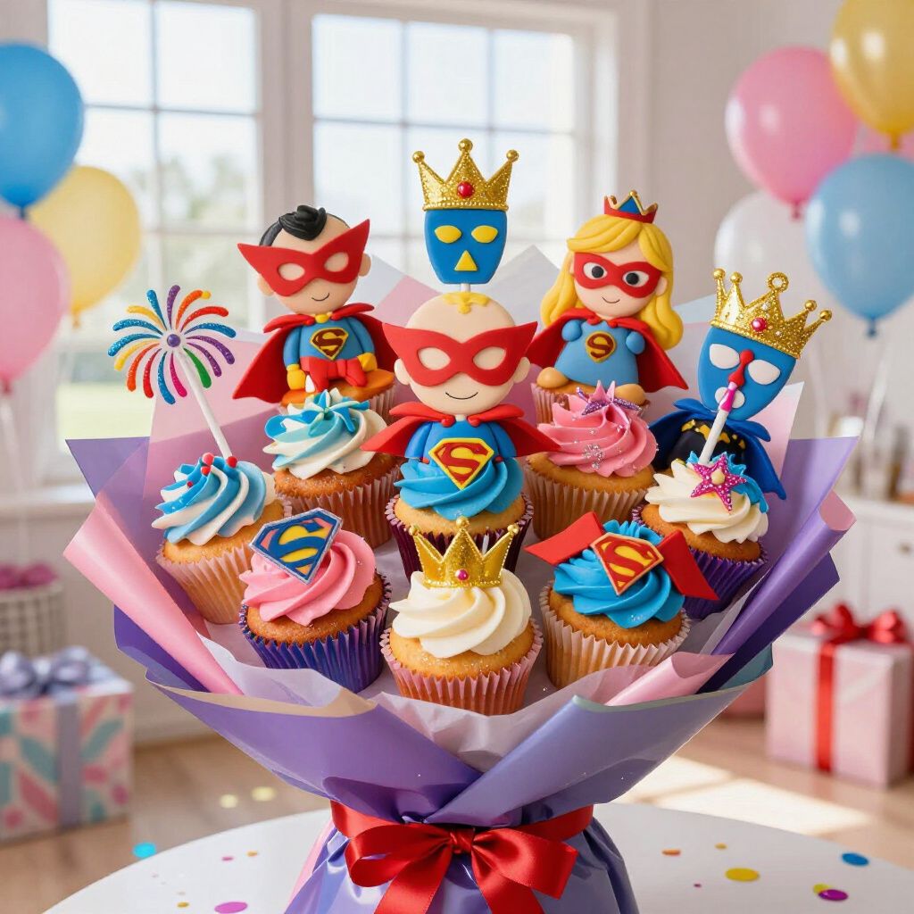 Superhero-themed cupcake bouquet with colorful frosting and toppers, balloons, and gifts in the background.