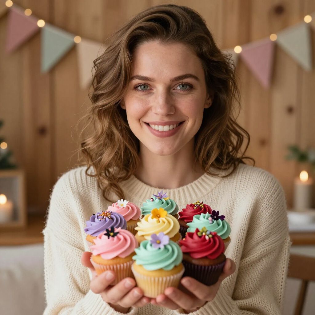 Woman smiling, holding cupcakes with colorful frosting and decorations.