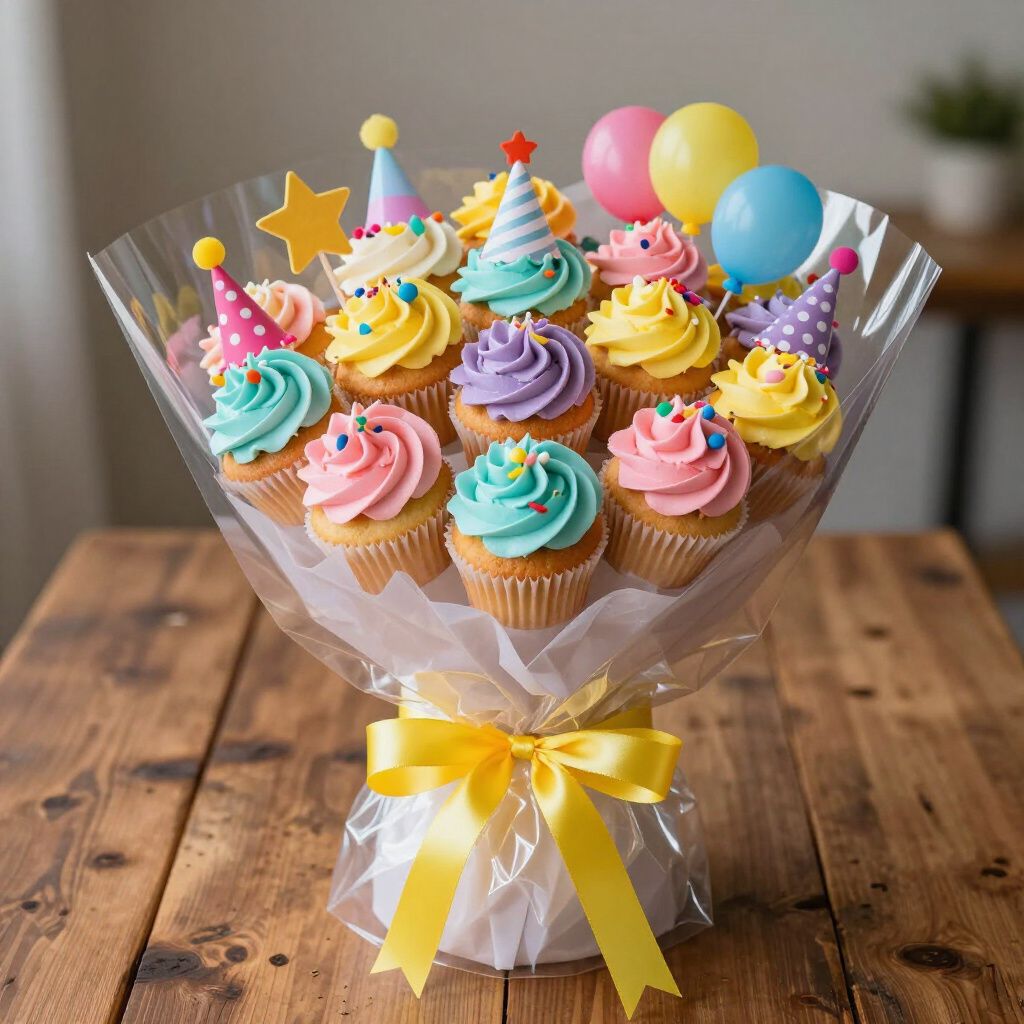 Cupcake bouquet with colorful frosting and party decorations, wrapped in cellophane with a yellow bow.