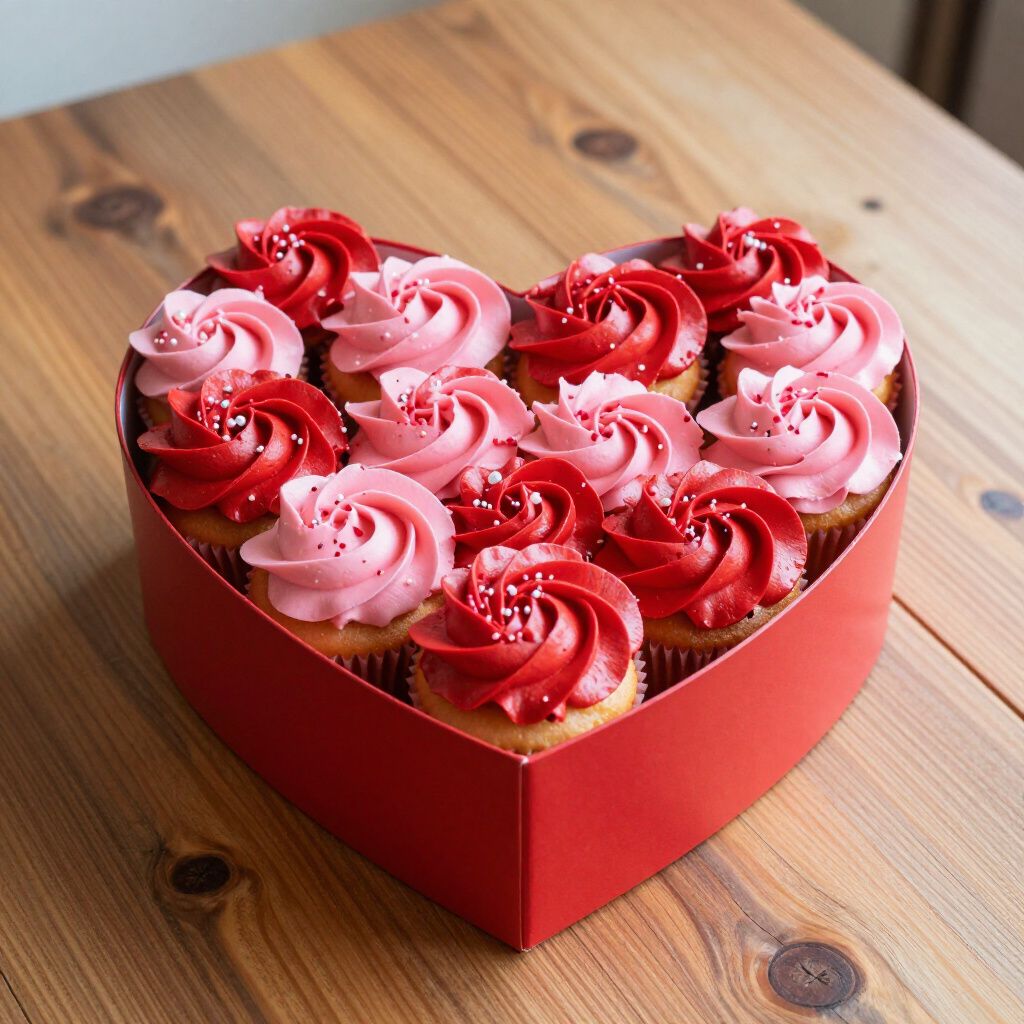 Heart-shaped box of cupcakes with pink and red frosting, on a wooden surface.