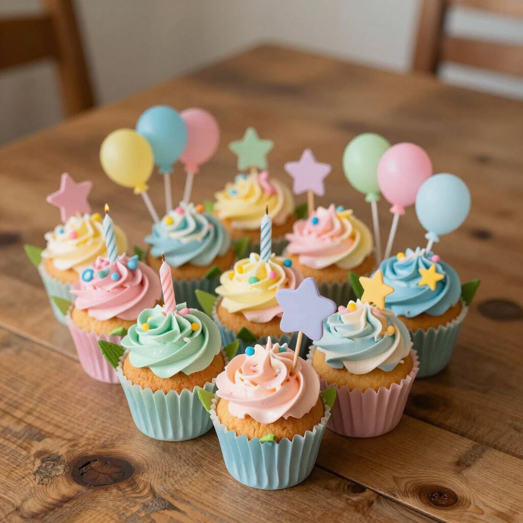 Cupcakes with pastel frosting, decorated with stars, balloons, and candles on a wooden table.