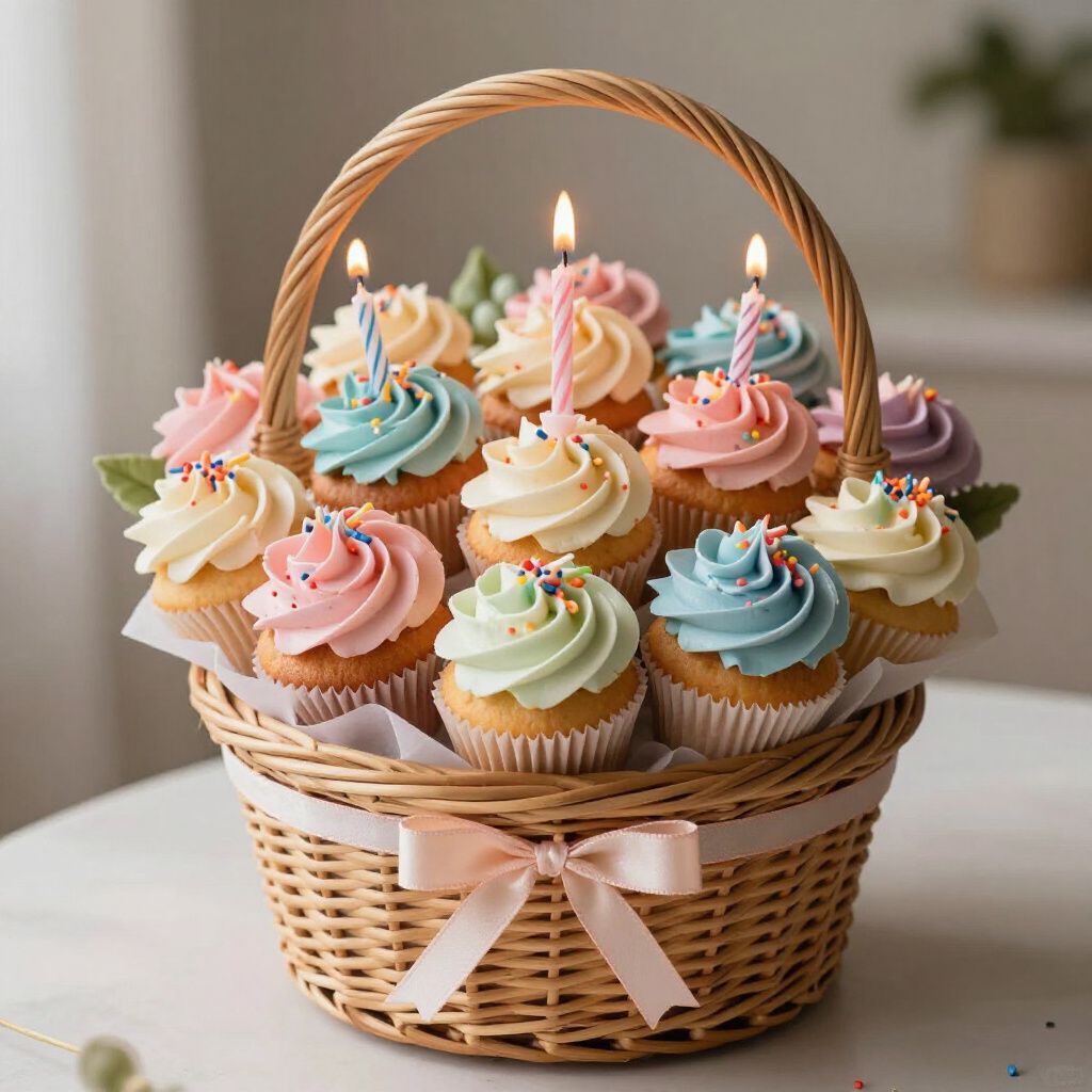 Cupcake bouquet in a wicker basket with pastel frosting, lit candles, and a bow on a table.