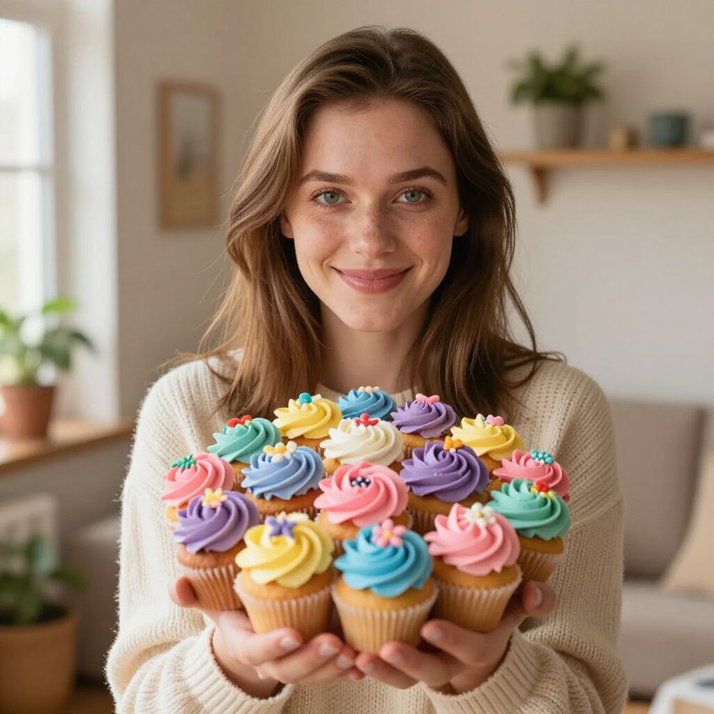 Woman smiling, holding a tray of colorful frosted cupcakes. Cozy indoor setting, neutral tones.