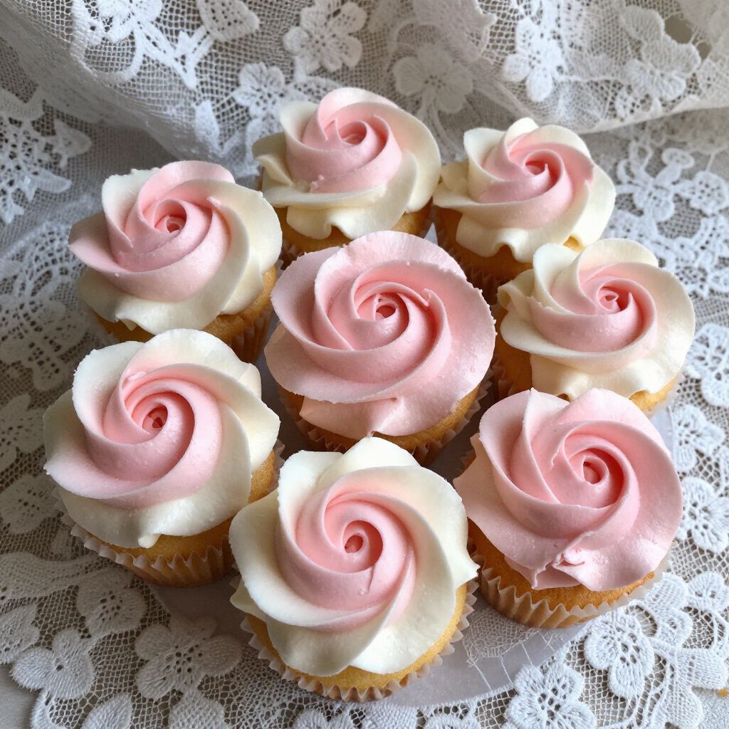 Cupcakes with pink and white frosting arranged in a circular pattern on a lace doily.