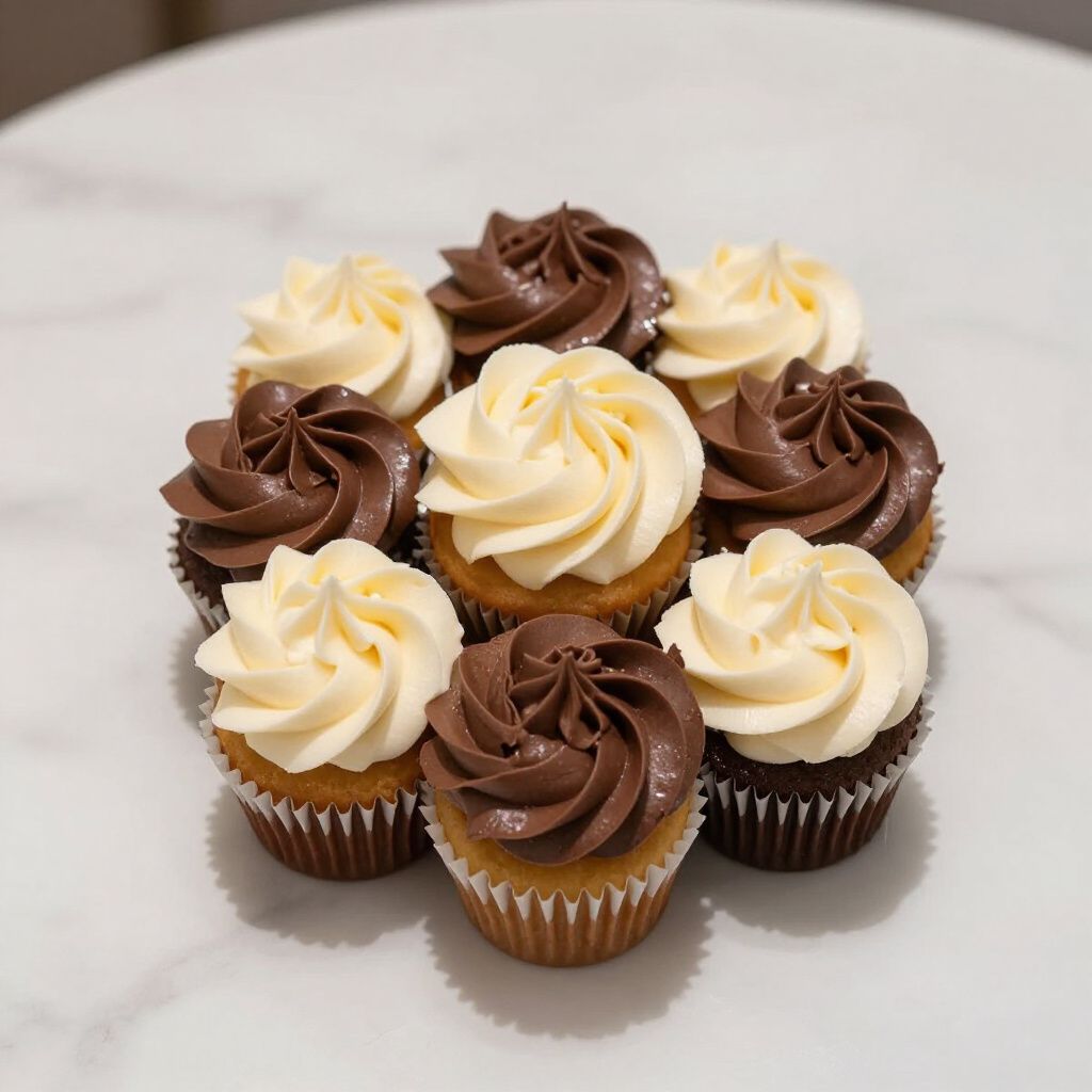 Nine cupcakes with white and chocolate frosting on a marble surface.