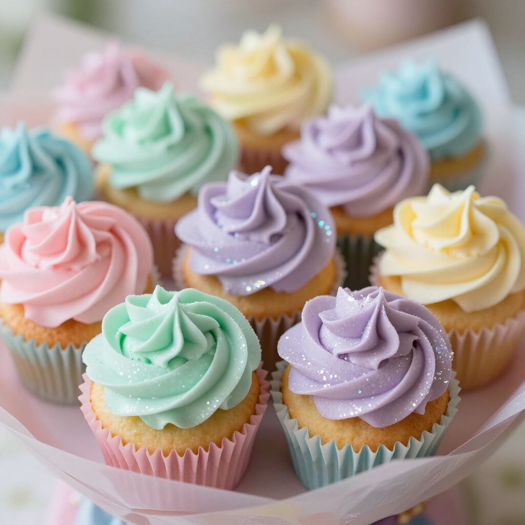 Cupcakes with pastel frosting, arranged in a bouquet.