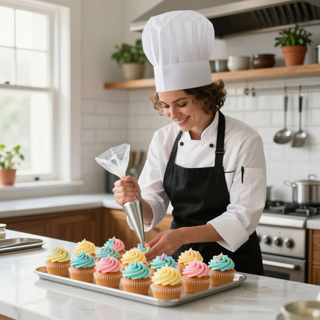 Woman in chef's hat and apron frosting cupcakes in a kitchen.