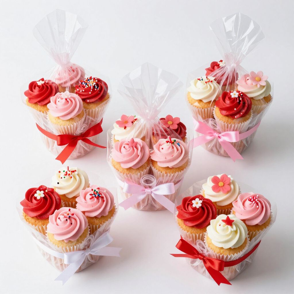 Six heart-shaped bouquets of cupcakes, each wrapped in cellophane and tied with a ribbon.