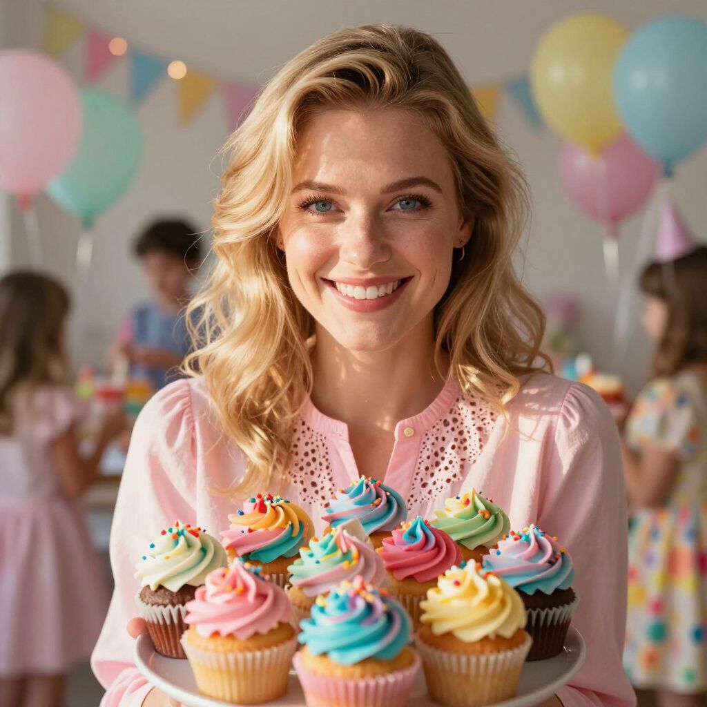 Woman smiling, holding cupcakes at a birthday party. Colorful frosting, balloons, and children in the background.