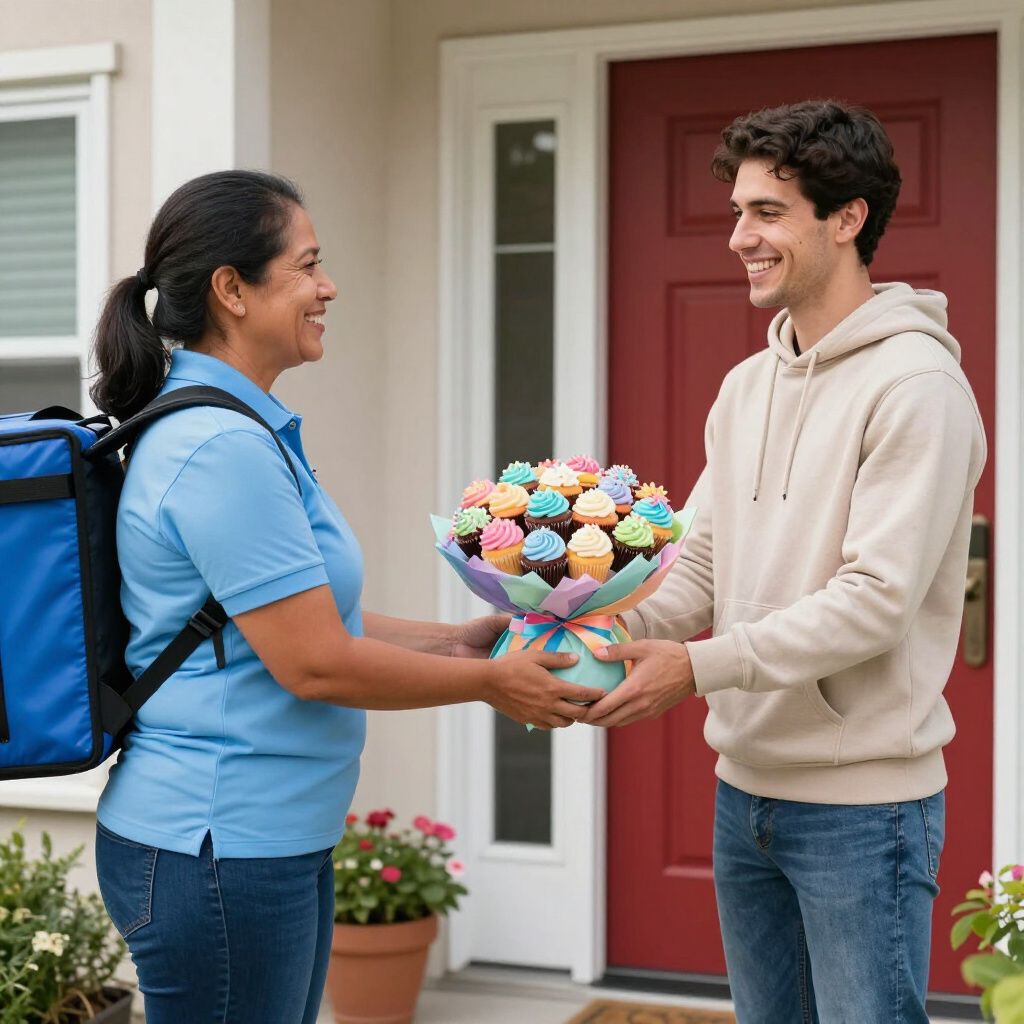 Woman delivers cupcake bouquet to a smiling person at a front door.