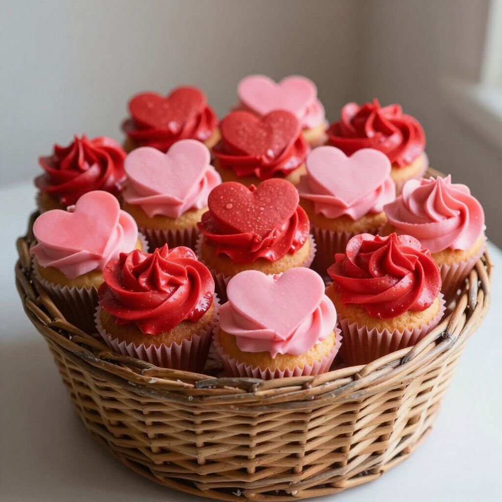 Cupcakes in a woven basket with red and pink heart decorations.