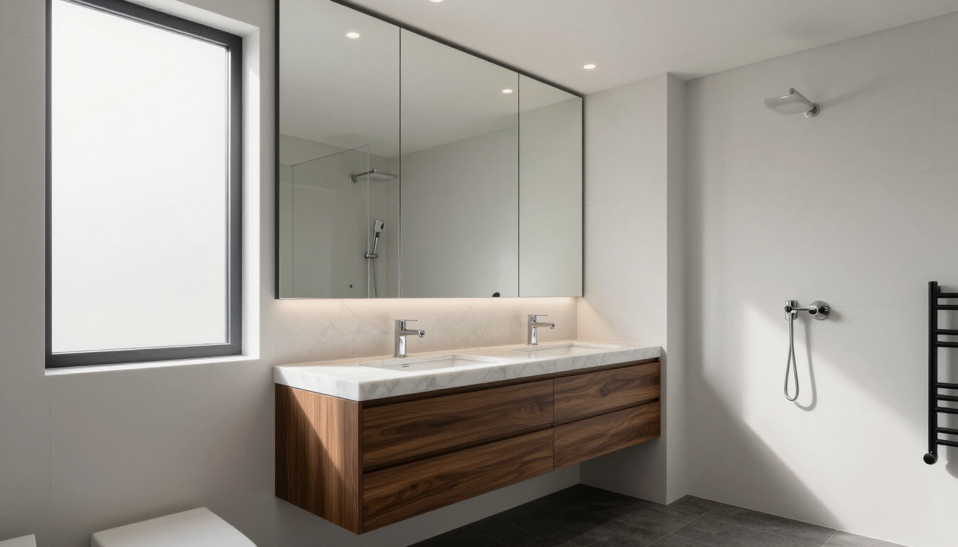 Modern space-smart bathroom with elegant custom tiling and floating vanity.