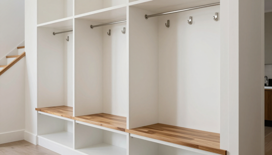 Built-in white wooden cubbies with hanging hooks and wood bench seating in a hallway