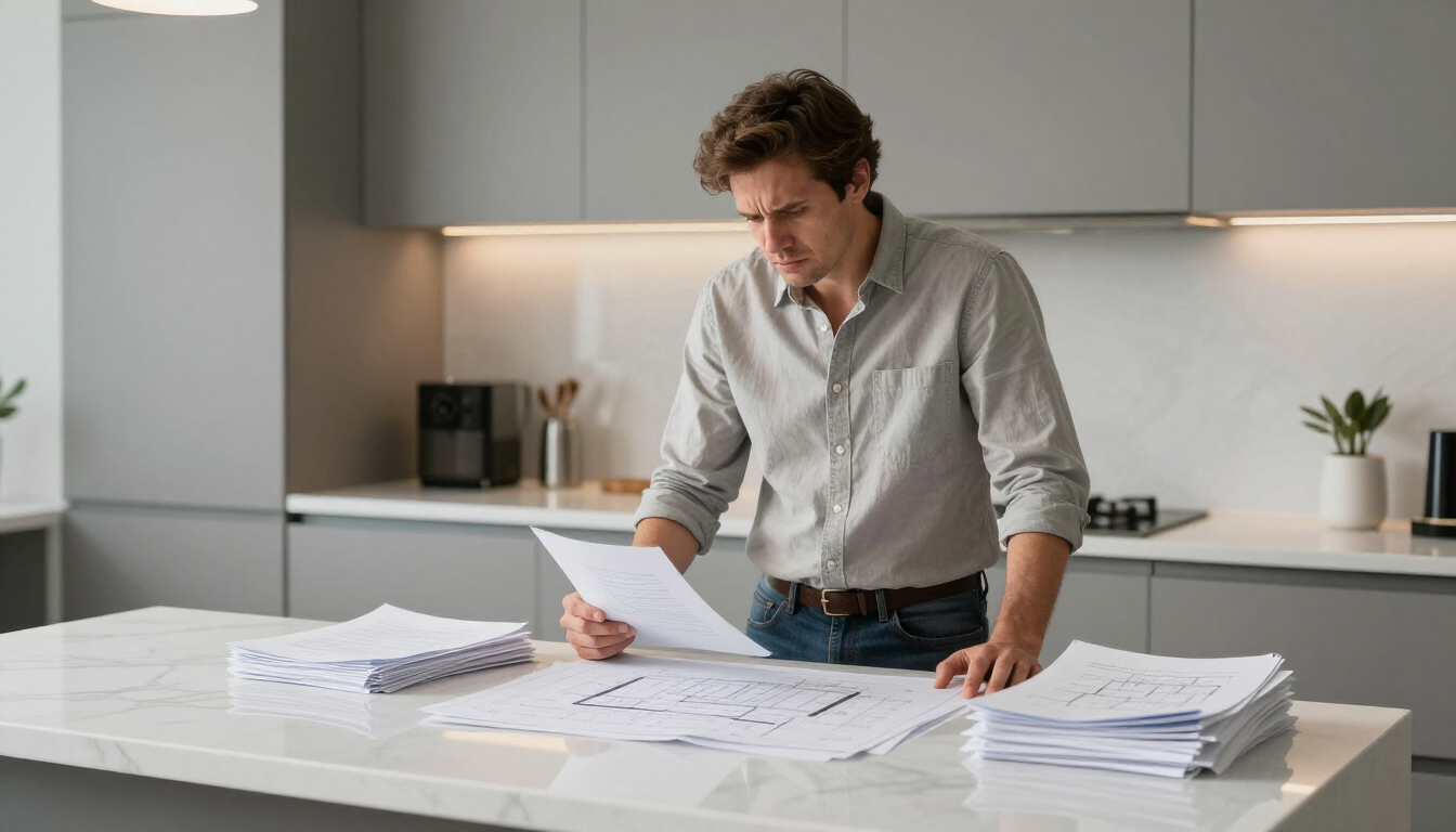 Frustrated homeowner looking at paperwork