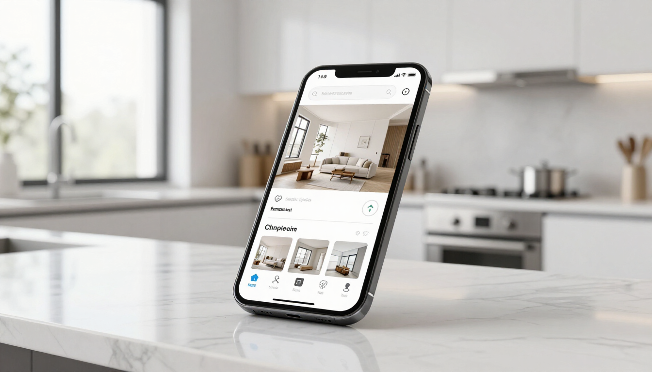 Modern smartphone showing an instant project pricing tool in a bright kitchen.