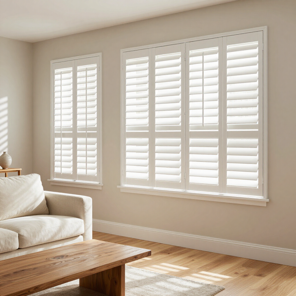 Living room featuring white plantation shutters on two windows, a light-colored sofa, and a wooden coffee table.