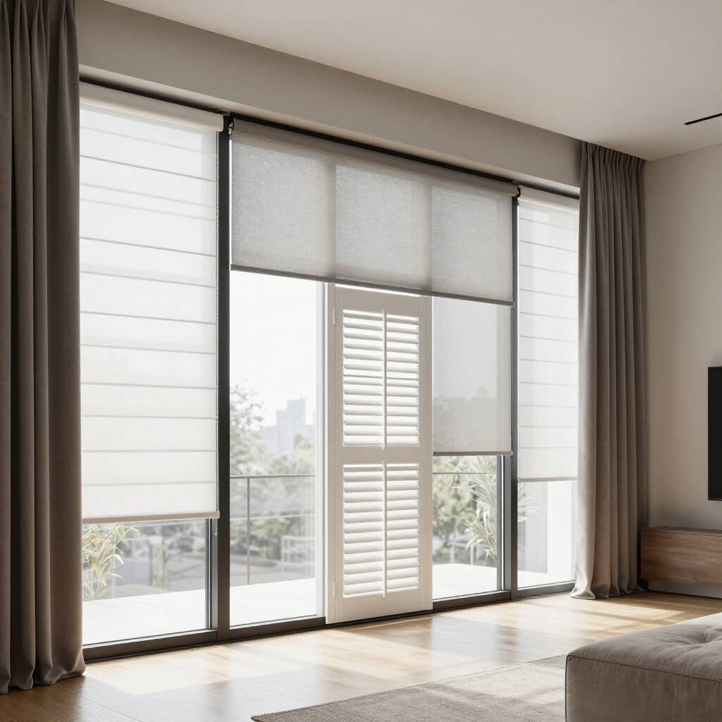 A large window with white roman shades and roller blinds, featuring a central shuttered door framed by brown curtains.
