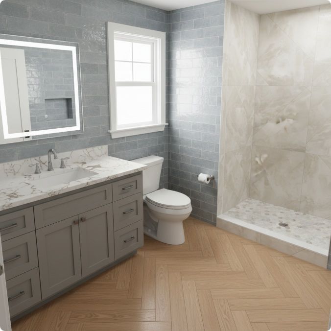 A bathroom with light-gray subway tile, a gray vanity with a marble top, a toilet, and a walk-in shower with light tile.