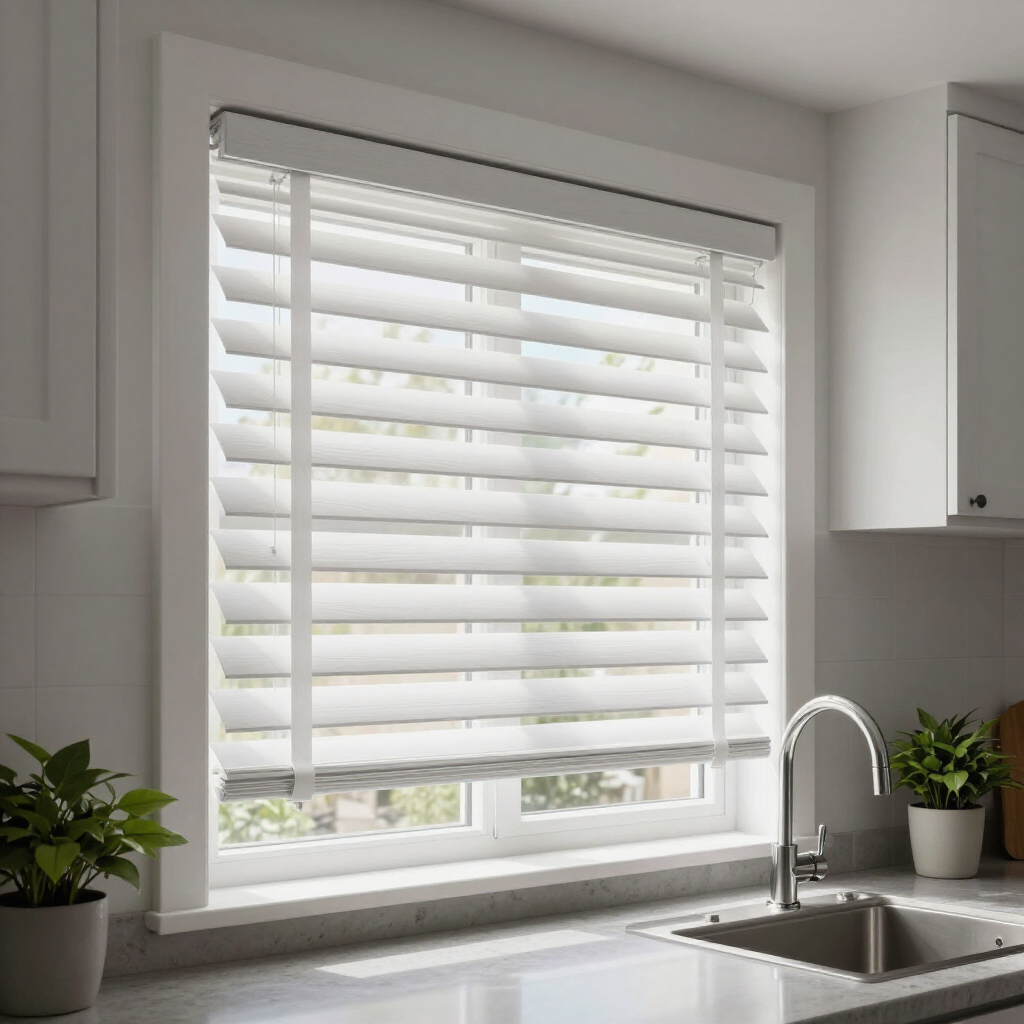A white window with horizontal wooden blinds above a kitchen sink, featuring two small potted plants.