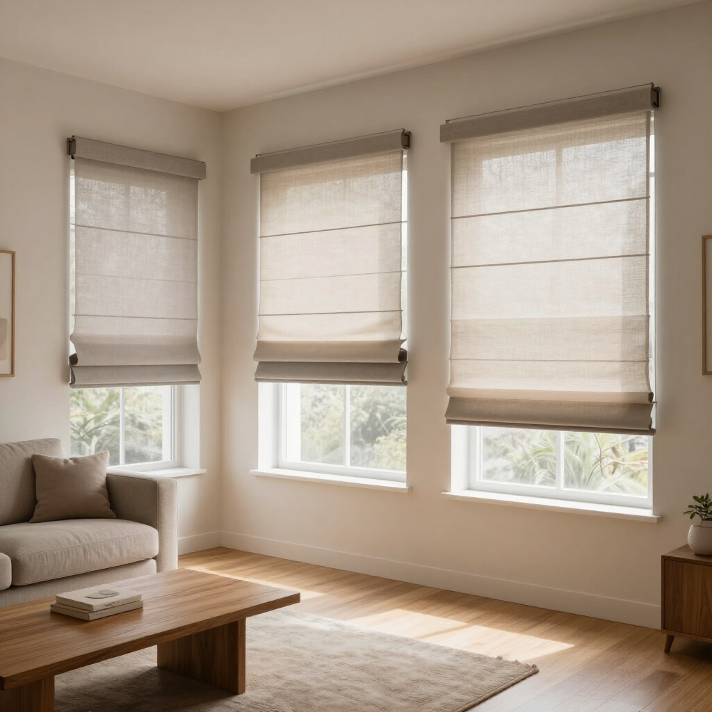 A light-filled room featuring three windows covered with neutral-colored roman shades, a couch, and a wooden coffee table.