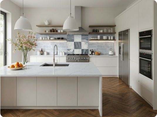Modern white kitchen with island, pendant lights, wood floor, and built-in ovens