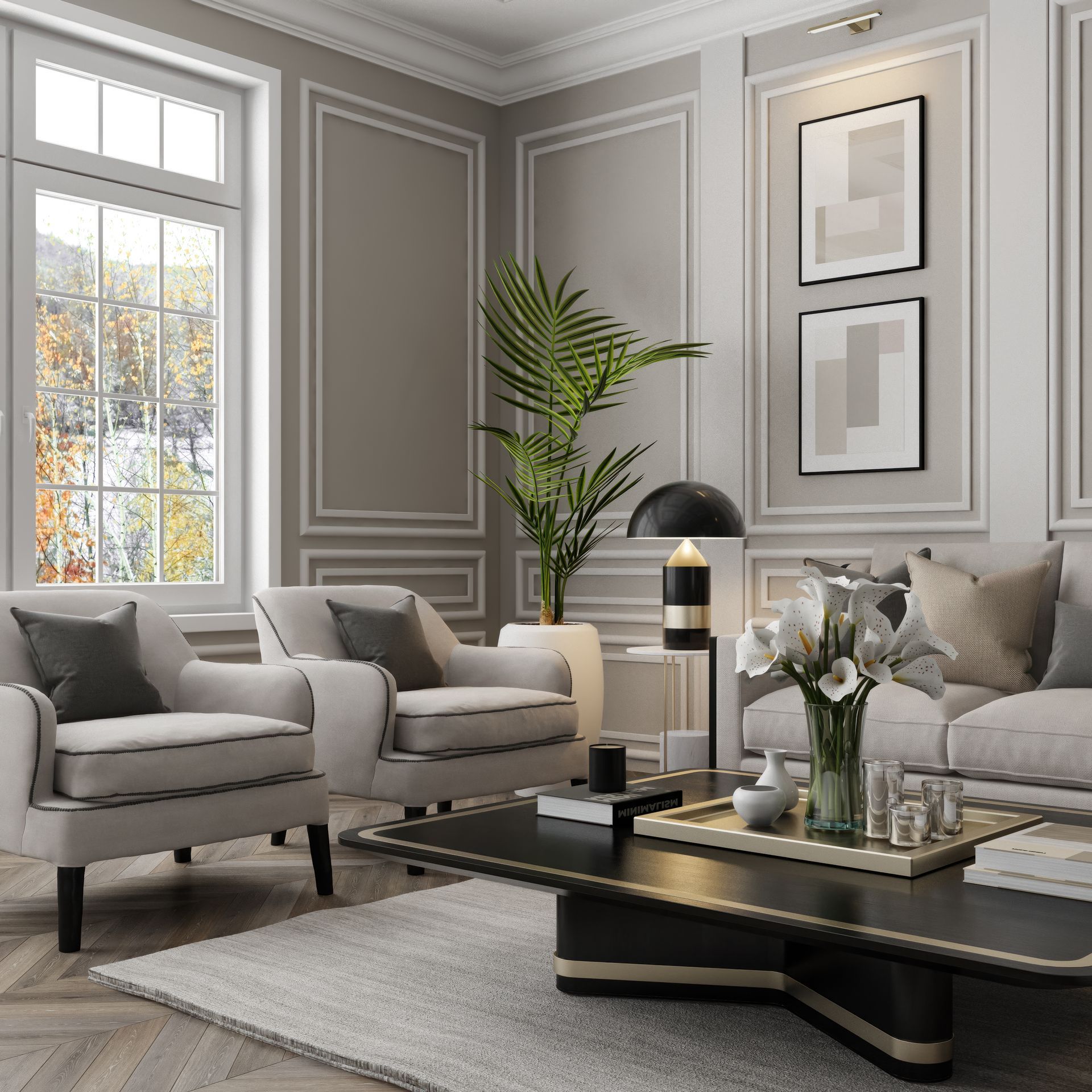 A living room with a couch , chairs , and a coffee table.