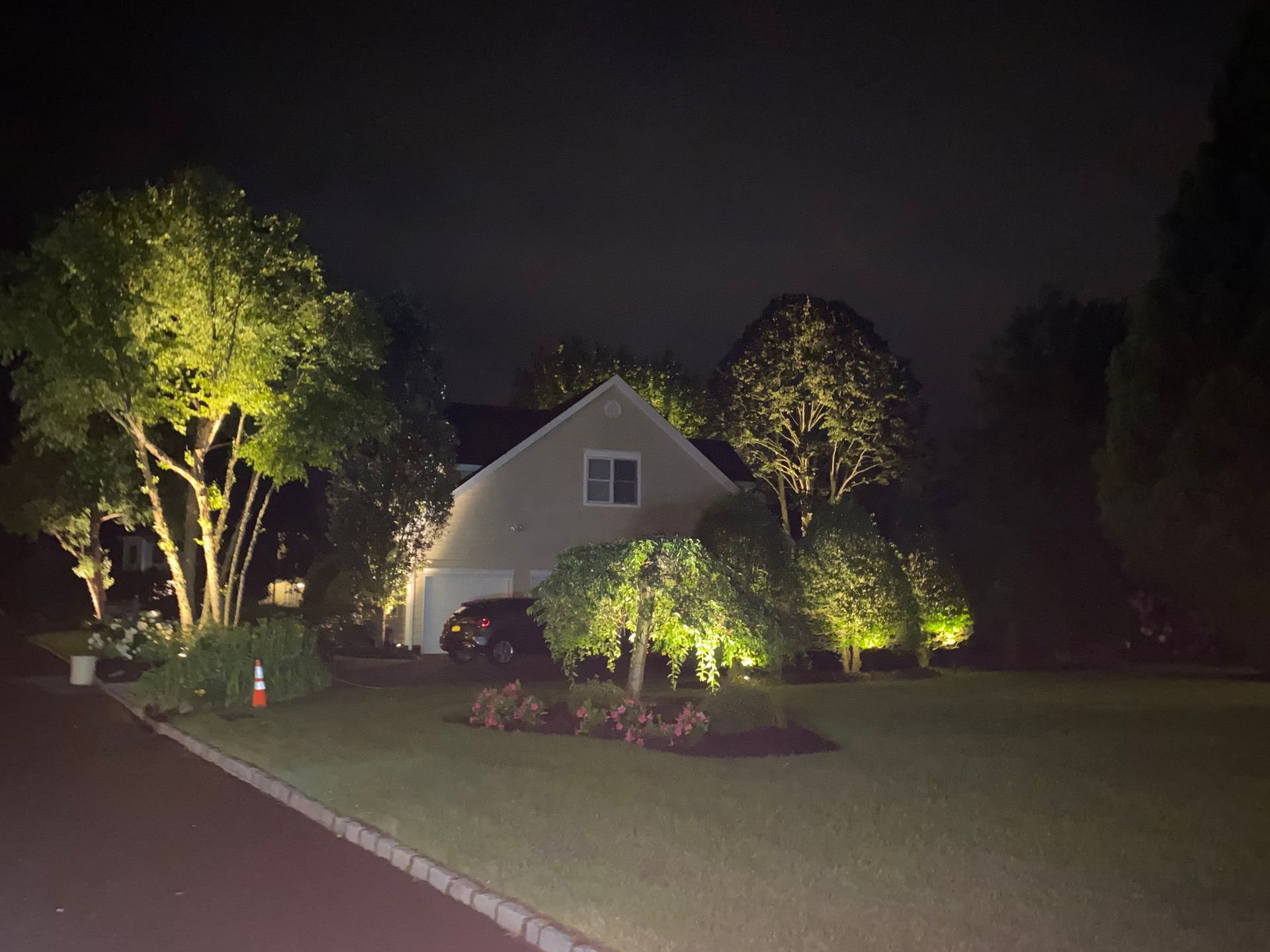 A house is lit up at night with trees in front of it