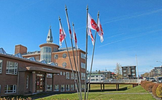 A group of flags are flying in front of a building