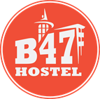 A red circle with the words `` b47 hostel '' on it.