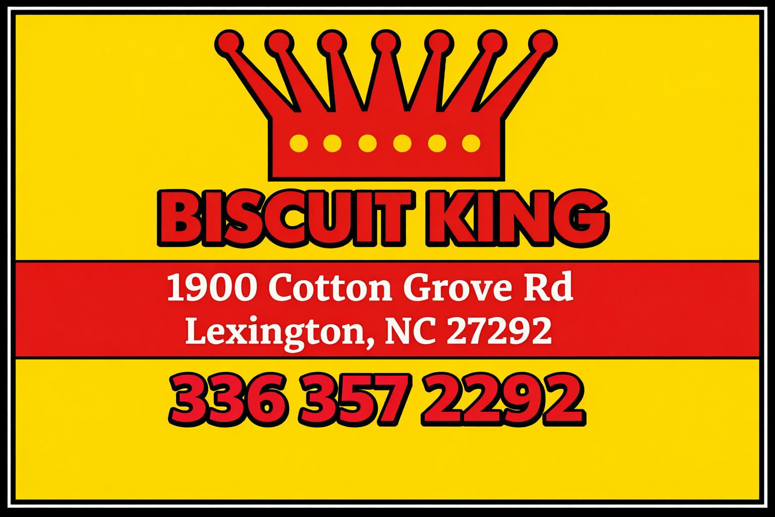 Hand holding a Biscuit King biscuit sandwich under a yellow sign against a blue sky.