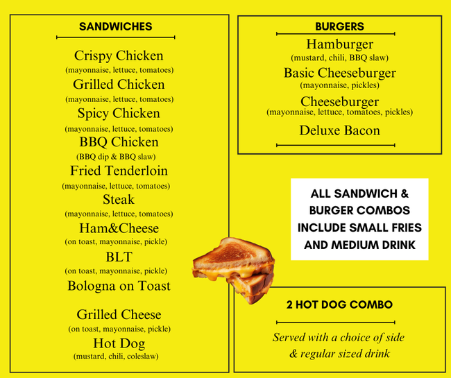 Yellow menu with sandwiches, burgers, and combos. Includes a graphic of a sandwich.
