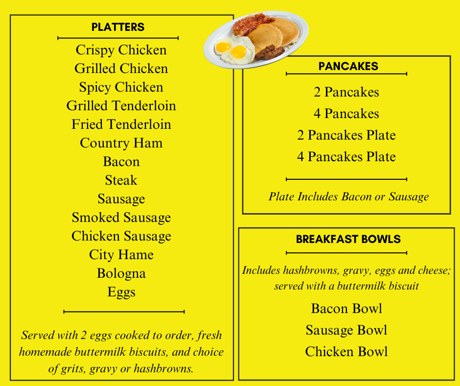 Menu board with platters, pancakes, and breakfast bowls. Yellow background with black text.