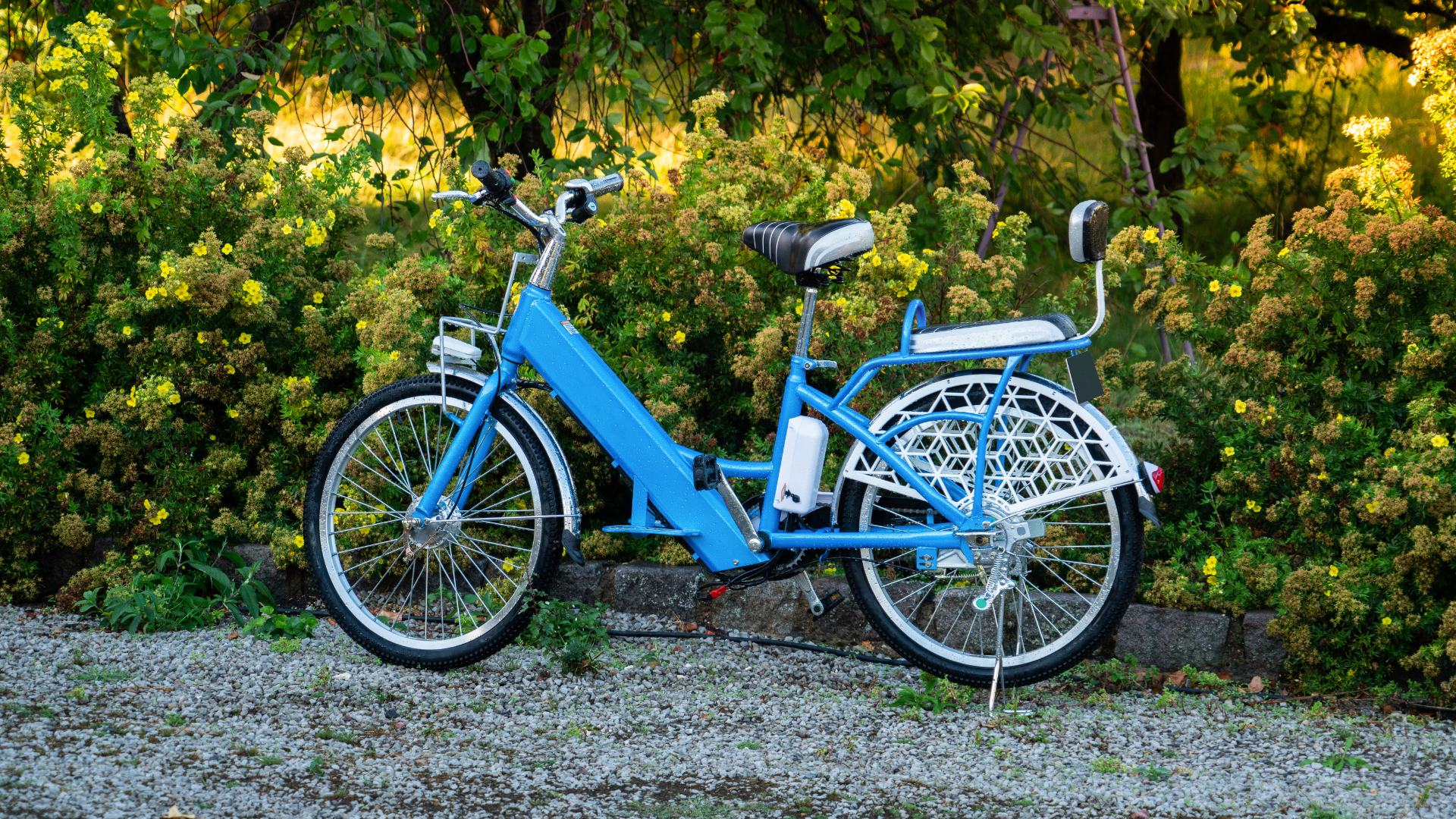 A blue and white bicycle is parked in front of a bush.